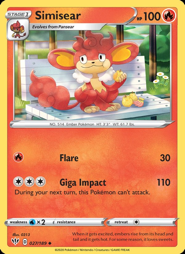 Simisear 27/189 - Darkness Ablaze Pokemon card